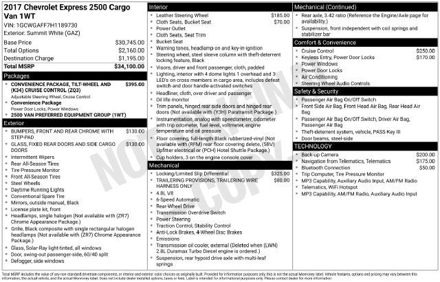2017 Chevrolet Express 2500 Work Van Cargo
