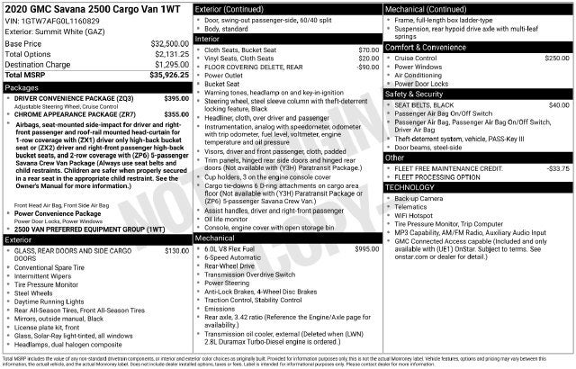 2020 GMC Savana 2500 Work Van