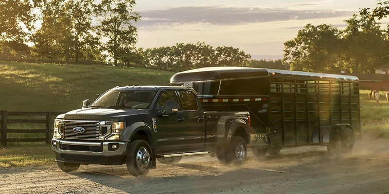 A dark gray Ford F-series pickup truck towing a black livestock trailer kicks up dust on a country road at sunset.
