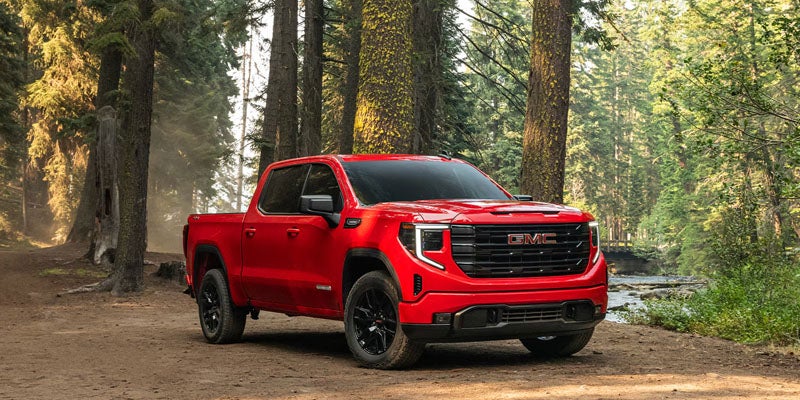 A bright red GMC pickup truck parked on a dirt trail in a sun-dappled forest of tall evergreen trees.