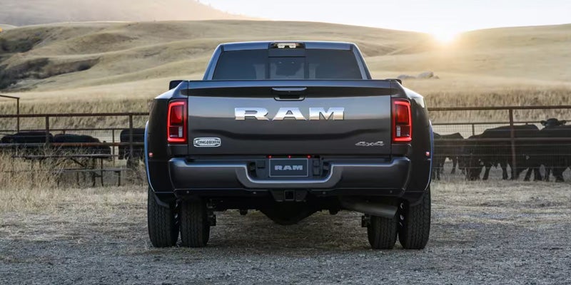 Rear view of a dark gray Ram 3500 dually pickup truck in a farm setting with cattle and hills.