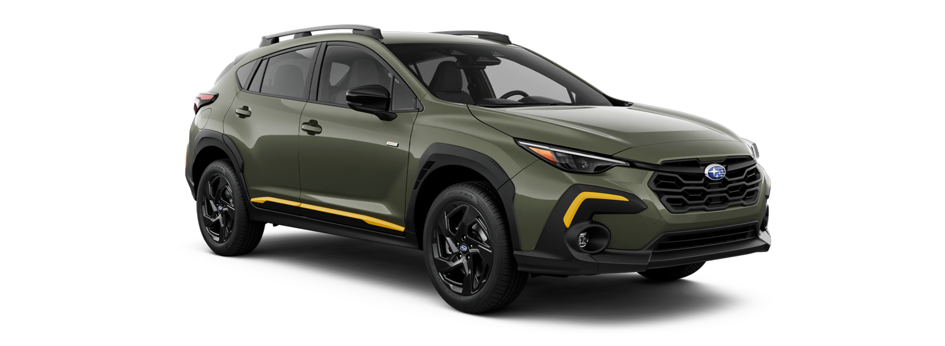 Subaru Crosstrek with black accents and yellow lower side body molding, angled front right.